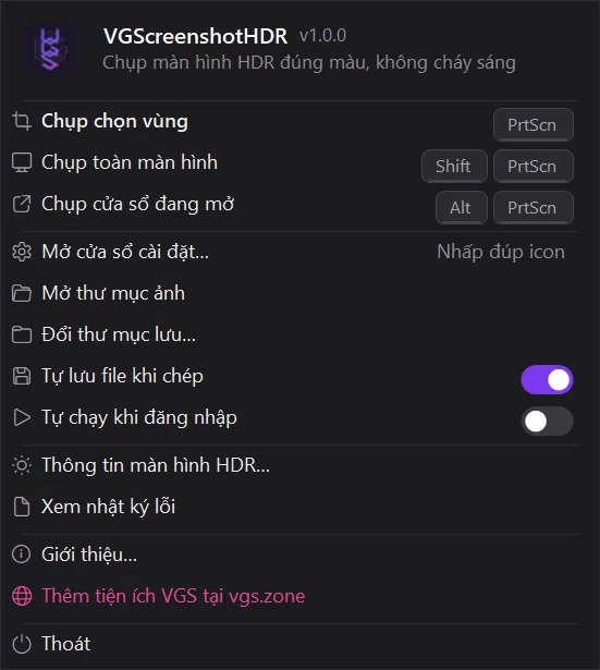 Menu khi bấm phải icon ở khay hệ thống