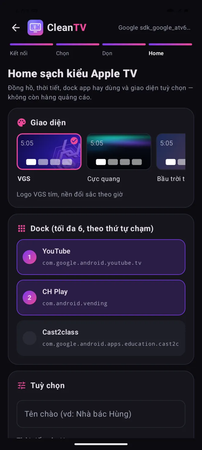 Chọn theme và dock cho Home sạch
