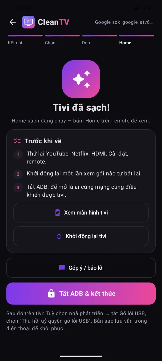 Màn tivi đã sạch: kiểm tra, khởi động lại, tắt ADB