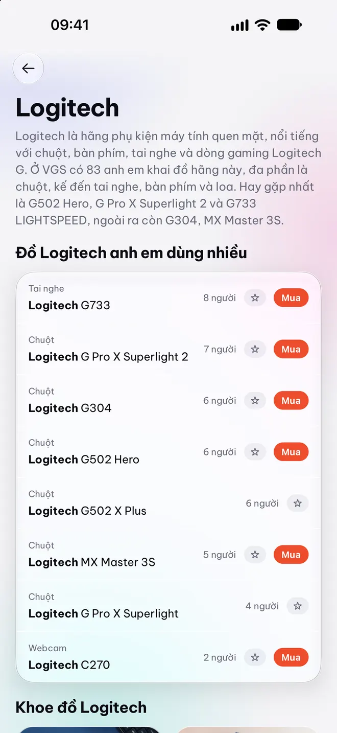 Trang hãng Logitech trong app