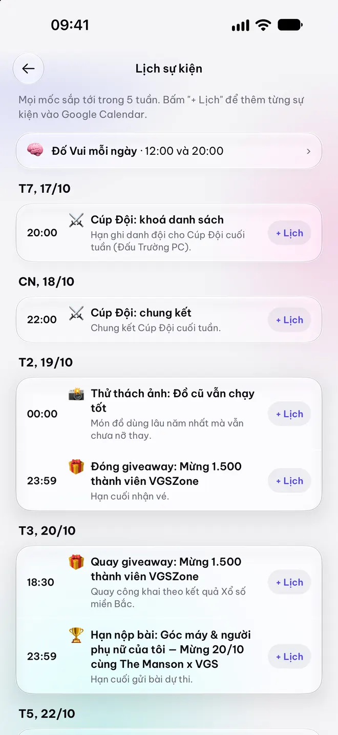Lịch sự kiện VGS
